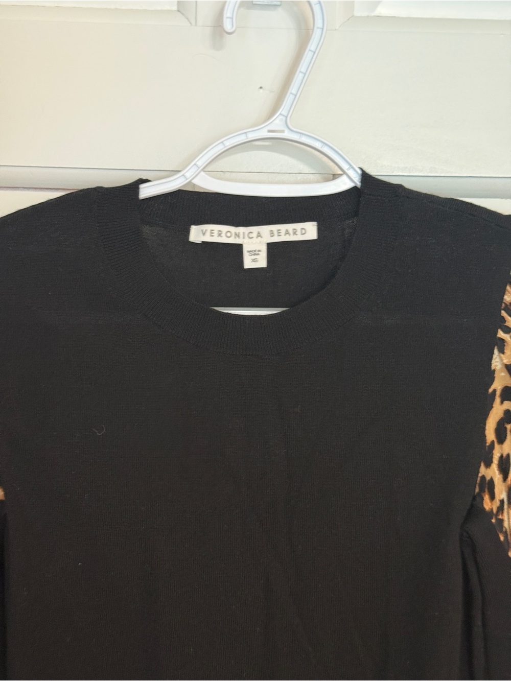 Veronica Beard Black Merino Wool Sweater Leopard Print Puff Sleeve 25601 - Picture 7 of 10